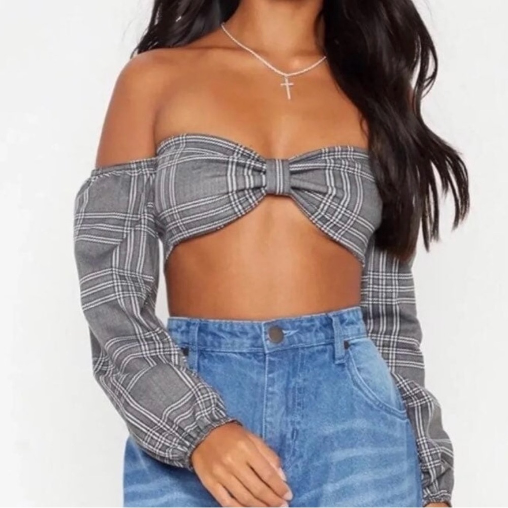 PrettyLittleThing Gray Plaid Off-Shoulder Crop Top